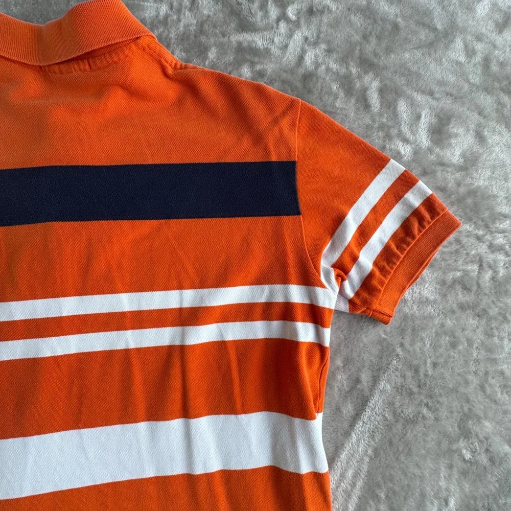 Polo Ralph Lauren Polo Shirt Mens M Orange Navy White Striped Preppy Pique Top